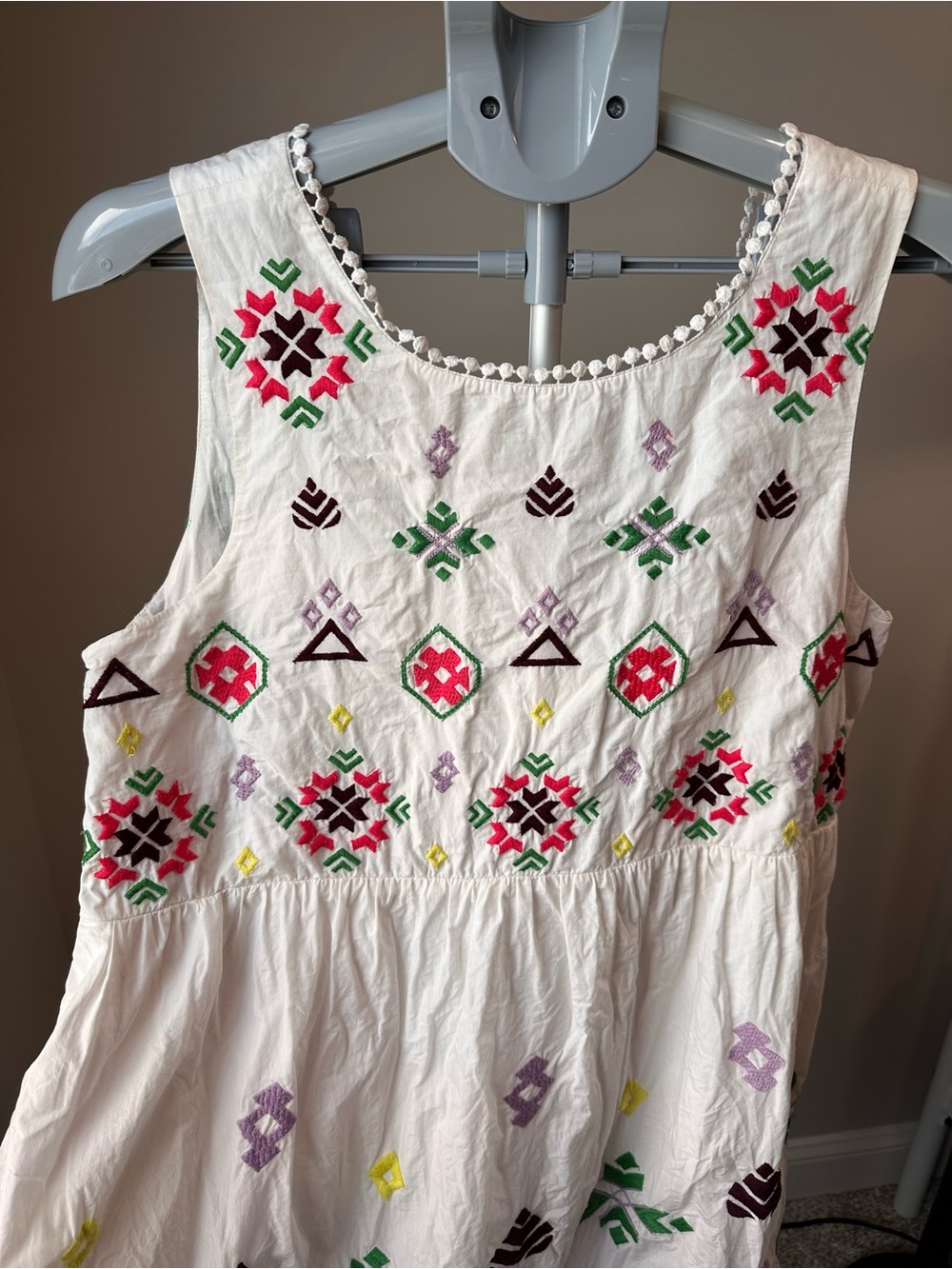 Anthropologie Dolly Geometric Embroidered Cotton Mini Sun Dress Back Button L - Picture 4 of 8
